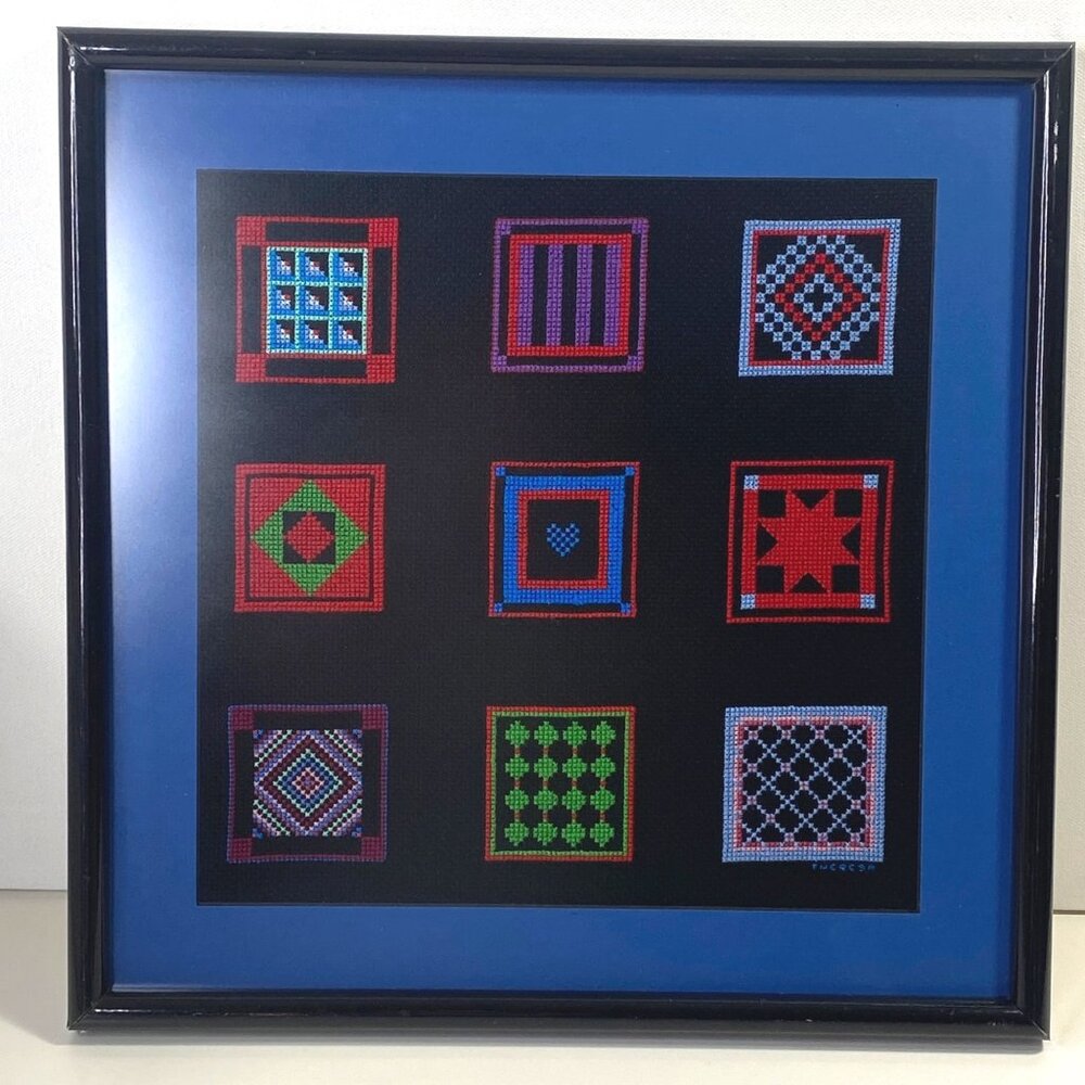 Vintage Handmade Amish Quilt Squares 14" Framed Cross Stitch